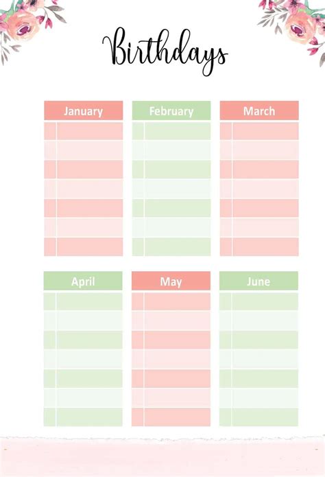 Birthday List Print Out Birthday Lists Free Printable PDF Templates