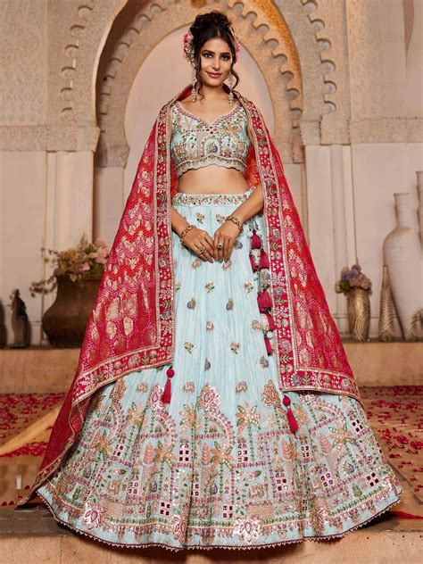 ⚡️Buy Glamorous Sky Blue Thread Embroidered Bridal Lehenga Choli Online ...