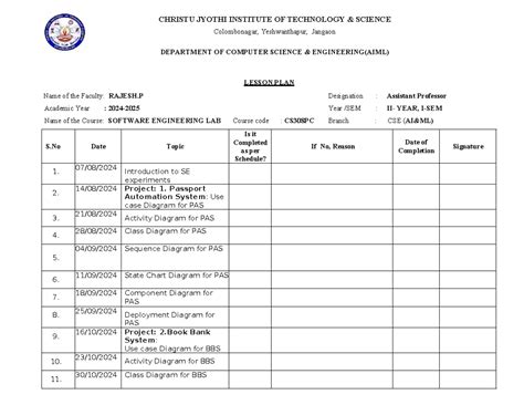 SE LAB Lesson Plan CSE (AI&ML ) - CHRISTU JYOTHI INSTITUTE OF ...