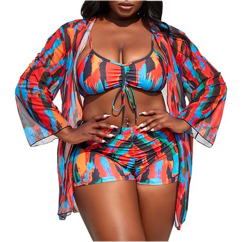 Womens 3 PCS Swimsuit Set Allover Print Cover Up Drawstring Bra Shorts ...