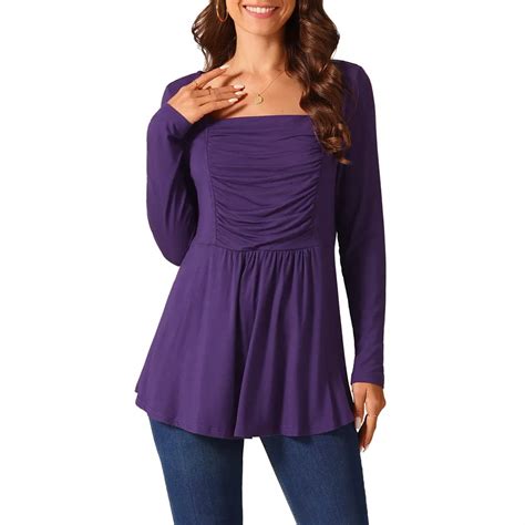 Women's Long Sleeve Shirts Square Neck Loose Fit Blouses Pleated Flowy ...