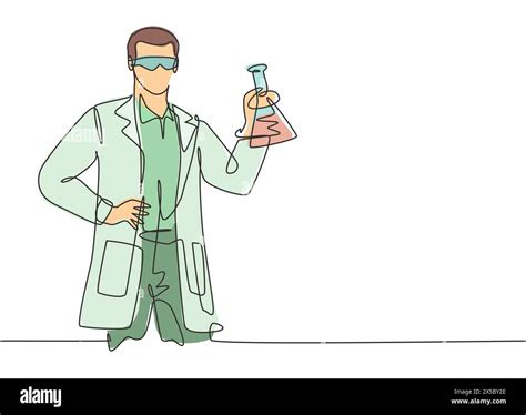 Single continuous line drawing of young male scientist working on ...