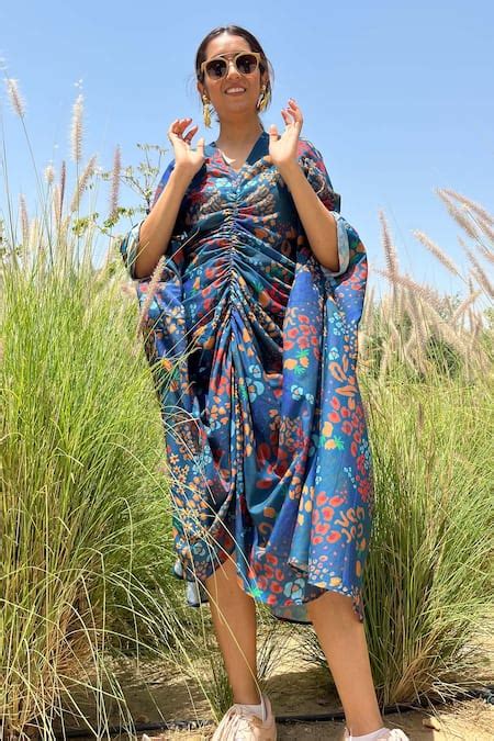 Buy Blue Georgette Abstract V Neck Kaftan For Women by Payal & Zinal ...
