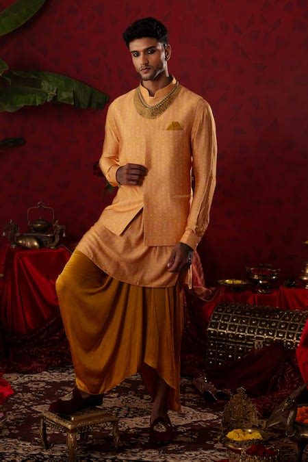 Buy Gold Cotton Print Ajrakh Kurta With Draped Dhoti Pant For Men by ...