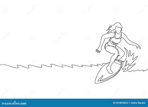One Single Line Drawing Young Sporty Surfer Woman with Bikini Riding on ...