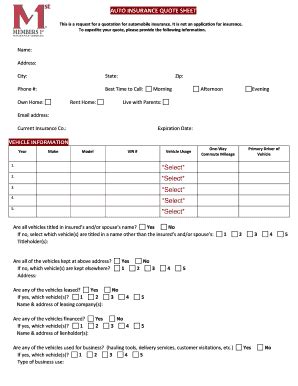 Auto Insurance Quote Form Template | pdfFiller