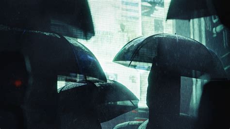 Wallpaper silhouettes, umbrellas, rain, screen, dark hd, picture, image