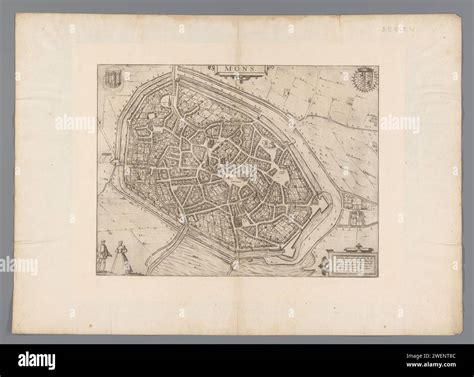 Map of Mons, Anonymous, 1581 print Map of Mons with text in Latin on Verso. paper etching ...