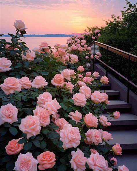 Beautiful Pink Roses by the Stairs