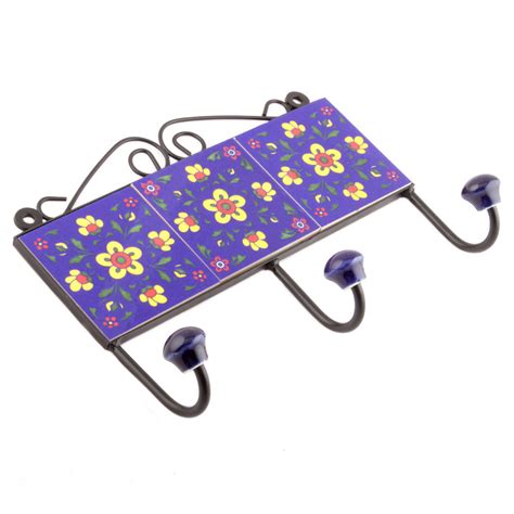 Navy Blue Red Tiny Ceramic Flower Tiles Hooks