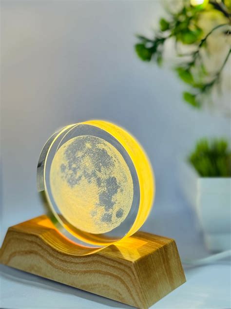 3D Moon LED Night Lamp with Wooden Base | Laser Engraved Full Moon Acr ...