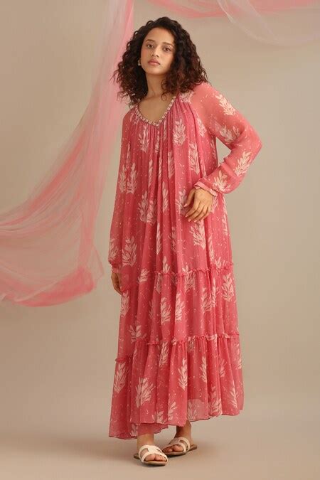 Buy Pink Chiffon Embroidery V-neck Leaf Print Tiered Maxi Dress For ...