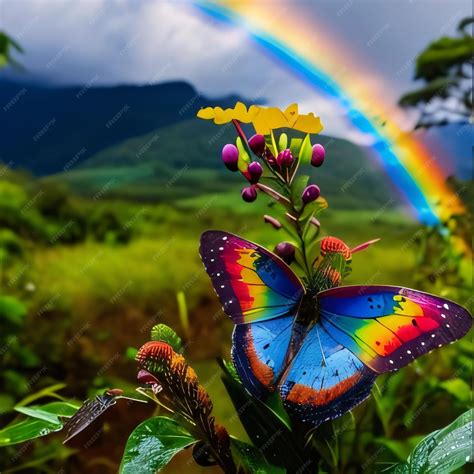 Premium Photo | Rainbow and butterfly on a flower in the rainforest of ...