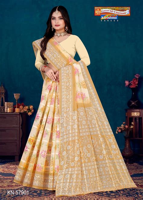 Buy Brown Pure Cotton Mulmul (Stiff ) Saree With Floral Print And ...