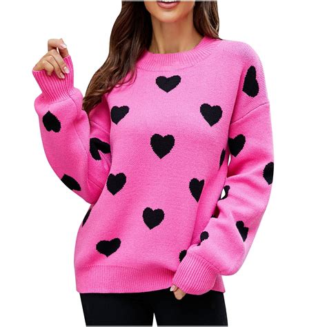 JGGSPWM Cute Heart Print Sweaters for Womens Valentines Day Tops Casual ...