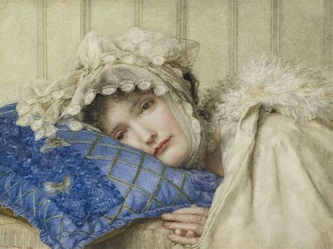 Anna Alma-Tadema (1867–1943), Girl in a Bonnet with her Head on a Blue ...