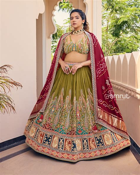 Mehendi Green Embroidered Lehenga With Maroon Bandhani Dupatta – AMRUT