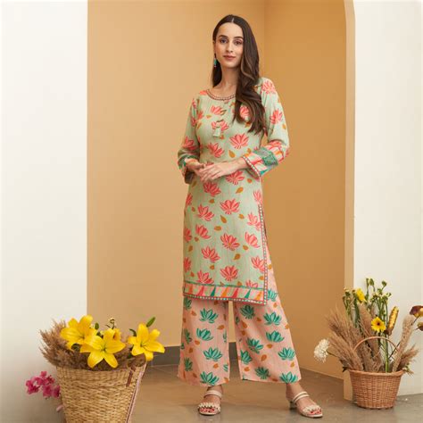 Buy Mint Green Pink Lotus Print Kurta Pant Co-ord Set | Rustorange