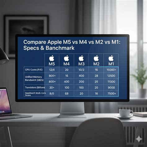 Compare Apple M5 vs M4 vs M3 vs M2 vs M1: Specs & Benchmark