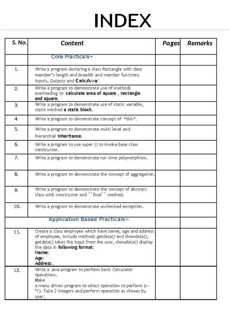 JAVA FILE Index - INDEX S. No. Content Pages Remarks Core Practicals~ 1 ...