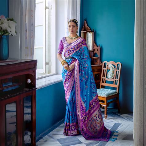 Buy Sky Blue Purple Banarasi Silk Saree Online – Kalyanja