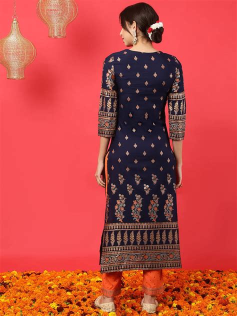 Navy Blue Printed Straight Rayon Kurta Suit Set – Gulmohar Jaipur