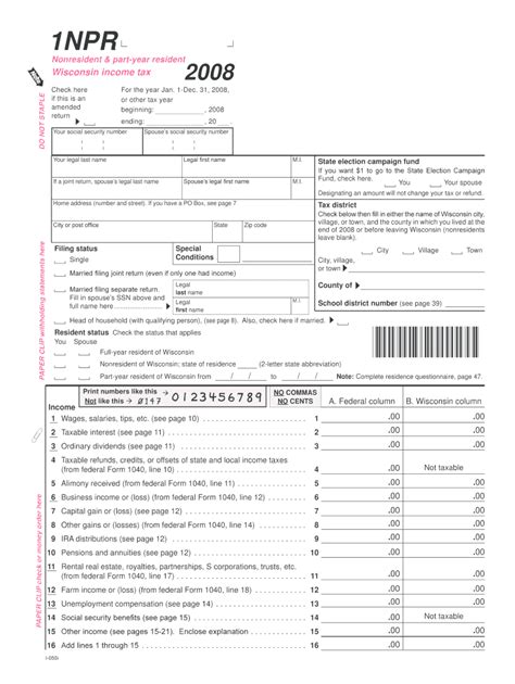 Wisconsin Nonresident and Part-Year Resident Income Tax Form 2008 ...