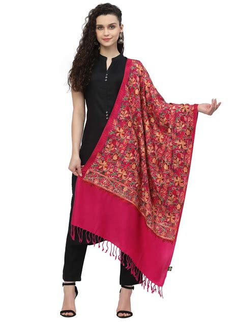 Anekaant Lush Fuschia Pink & Multi Floral Embroidered Acrowool Shawl