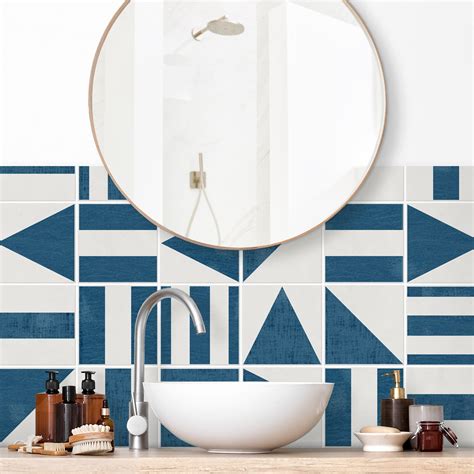 Panneau mural pour salle de bain - Carreaux formes géométriques bleu ...