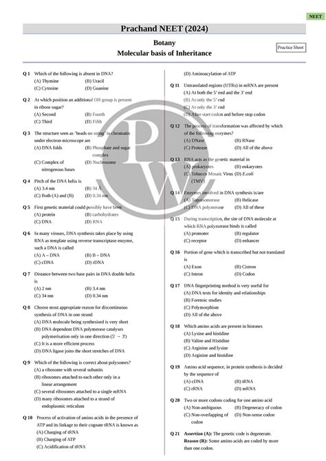 Molecular Basis of Inheritance Practice Sheet for NEET 2024 - Studocu