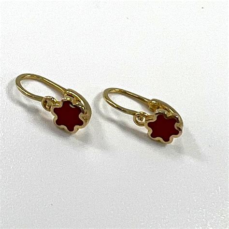 14K Yellow Gold Rose-Shaped Earrings with Elegant Red Accents