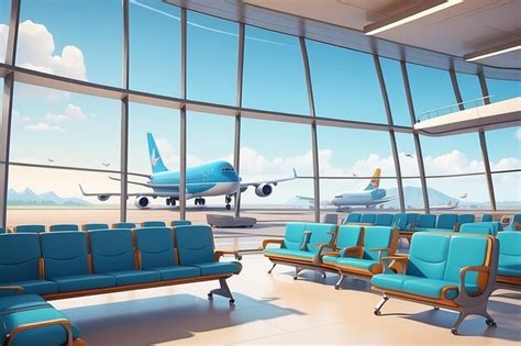 Airport adventure cartoon terminal lounge with airplane | Premium AI ...