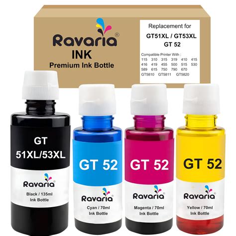 Ravaria Refill Ink for HP GT51XL/53XL GT 52 for HP Ink Tank 115, 310 ...
