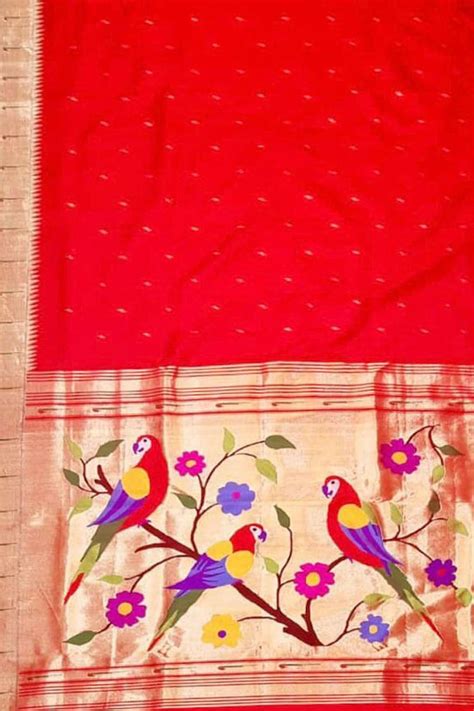 Red Paithani Handloom Pure Silk Single Muniya Border Saree - Luxurionworld