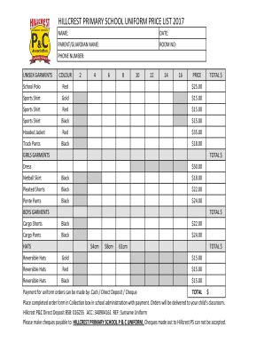 Fillable Online HILLCREST PRIMARY SCHOOL UNIFORM PRICE LIST 2017 Fax ...
