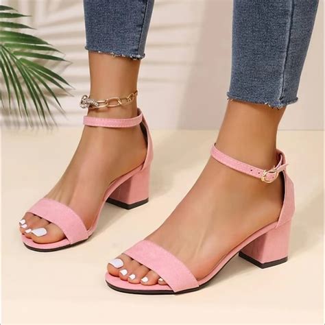 Women's Pink Block Heel Sandals with Ankle Strap and Open Toe, Elegant ...