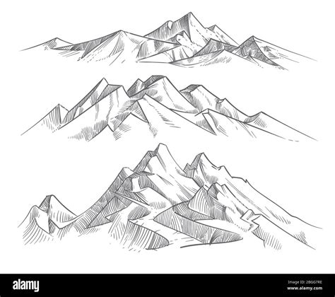 Hand drawing mountain ranges in engraving style. Vintage mountains ...