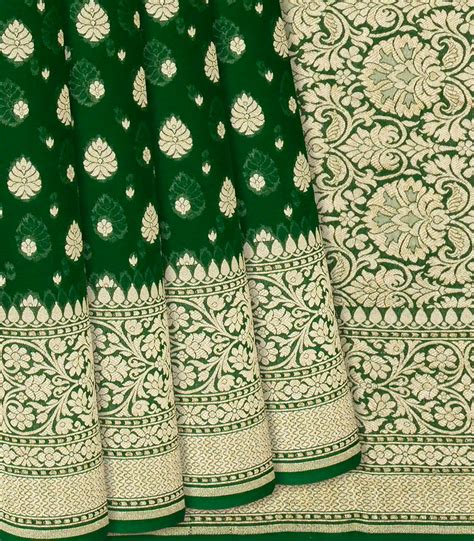 Dark Green Handloom Banarasi Khaddi Georgette Saree With Floral Buttas ...
