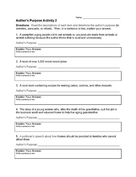 Authors purpose worksheet 2 - Name: ______________________________ Author’s Purpose Activity 2 ...