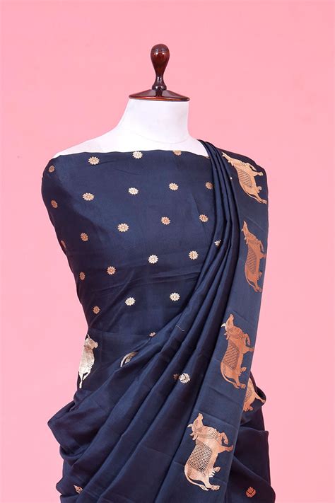 Grey Banarasi Silk Saree With Pichwai Border for Diwali and Navratri ...
