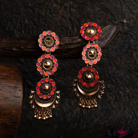 Antique Gold Plated Dual Colored Floral Enamel Design With Chandbali S ...