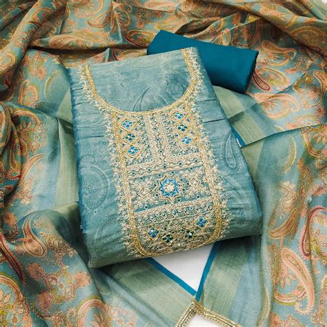 Festive Teal Printed Shimmer Cotton Silk Unstitched Dress Material wit