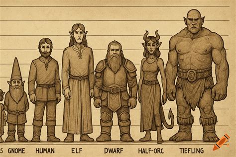 Pencil sketch of fantasy races (gnome, human, elf, dwarf, half-orc ...