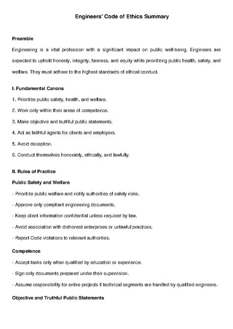Engineers Code of Ethics Summary - Engineers' Code of Ethics Summary ...