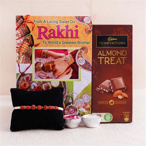 Send Auspicious Rudraksha Rakhi with Greeting Card and Chocolate Online ...