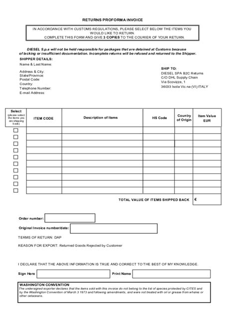 Fillable Online RETURNS PROFORMA INVOICE - Valentino Fax Email Print ...