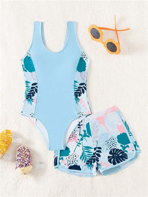 SHEIN Tween Girl Swimsuit/One-Piece Swimsuit/Printed Ring & Loop/2pcs ...