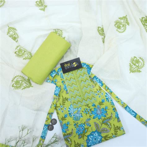 Neon Green Printed Cotton Top with Off white Kota Dupatta Set ...