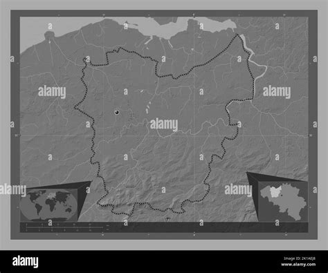 Oost-Vlaanderen, province of Belgium. Bilevel elevation map with lakes and rivers. Corner ... - elevation map of belgium
