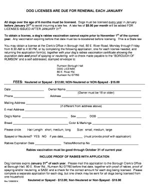 Fillable Online rumsonnj DOG LICENSES ARE DUE FOR RENEWAL EACH JANUARY ...